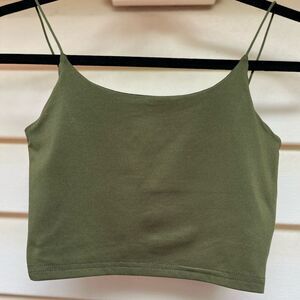 Topshop olive colored cropped top, thin straps, size Small